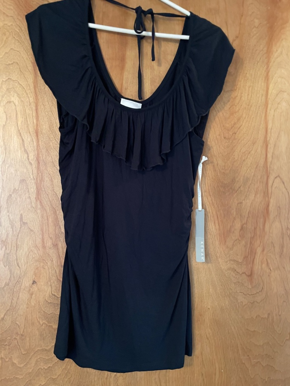 Kenar Black Ruffle-Neck Tie-Back Top, Size L